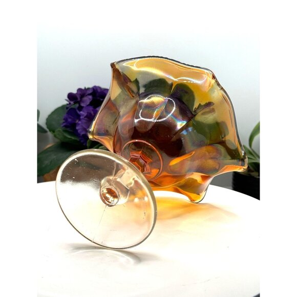 Vintage Iridescent Marigold Carnival Glass Compote Dish - Picture 7 of 8